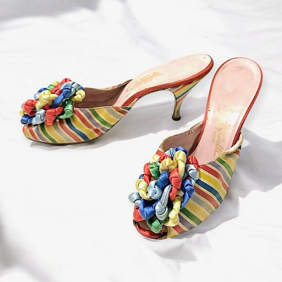 Vintage Schiaparelli Rainbow Satin Heels –1950s 60s Mules with Ribbon Rosette, - Picture 2 of 16